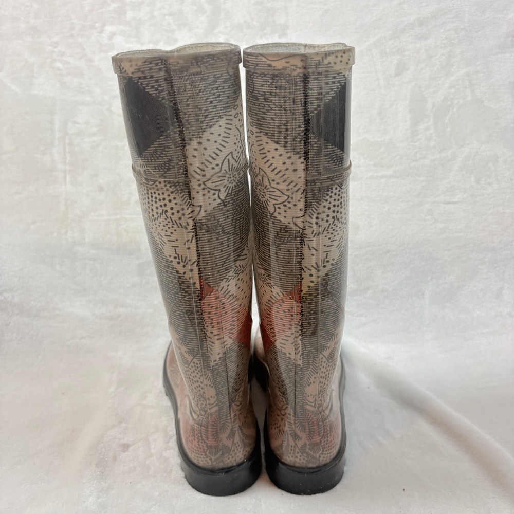 Burberry Rain Boots Women Size 40 Tan Nova Check Floral Tall Rubber GUC - Picture 3 of 14